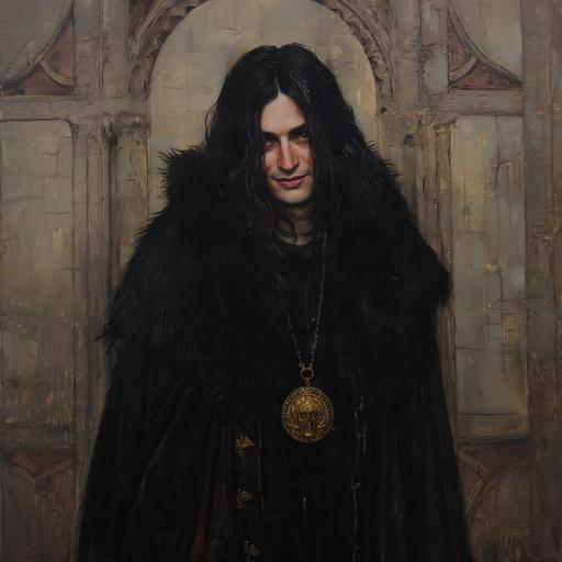 oil painting portrait in the style of john william waterhouse of a black haired italian man with eart length flowing hair from the renaissance period stood wearing a long black furr coat and a golden medallion, sinister smile, venice italy, torso and head of in shot only, the man is wearing skull face paint, character, detailed --v 6.0