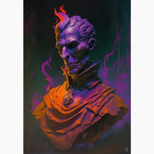 oil painting, statue of cyberpunk clawn with evil dark soul, dark orange aura, purple smoke, bright light, edward hooper oil painting , medieval England, 1700 years, Detailed