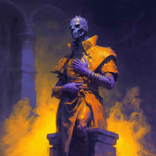 oil painting, statue of cyberpunk clawn with evil dark soul, dark orange aura, purple smoke, bright light, edward hooper oil painting , medieval England, 1700 years, Detailed