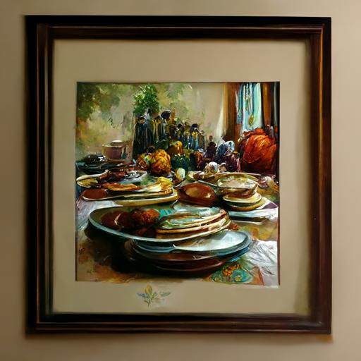 oil painting, thanksgiving dinner, empty plates, family gathering,