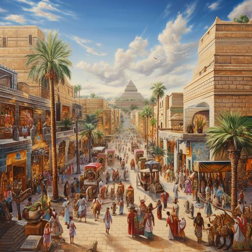 oil painting, the city of Babylon a lot of people on the streets, shopping malls busy traffic bright colors