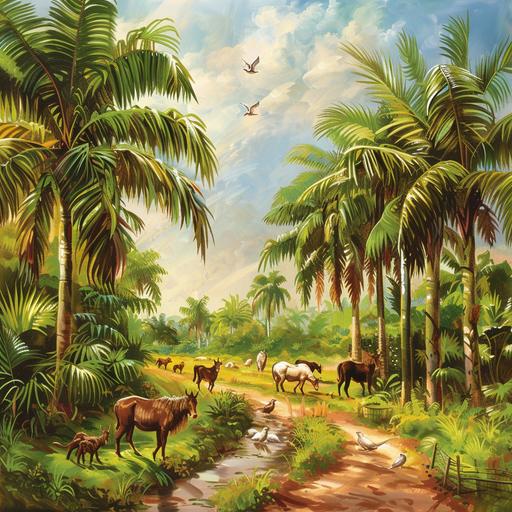 oil palm tree farm wallpaper, wide landscape, farm animals and birds roaming around, hyper realistic, well lit environmnet
