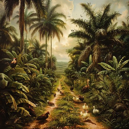 oil palm tree farm wallpaper, wide landscape, farm animals and birds roaming around, hyper realistic, well lit environmnet