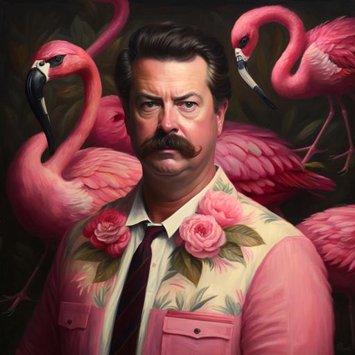 oil portrait of ron swanson wearing a flamingo costume --v 4
