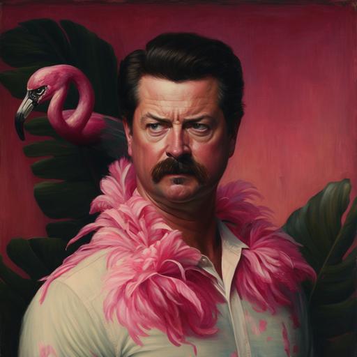 oil portrait of ron swanson wearing a flamingo costume --v 4