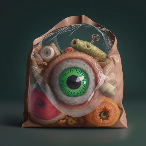 ojos en una bolsa transparente de comida humana 3d cinematic hd hypper realist --v 4
