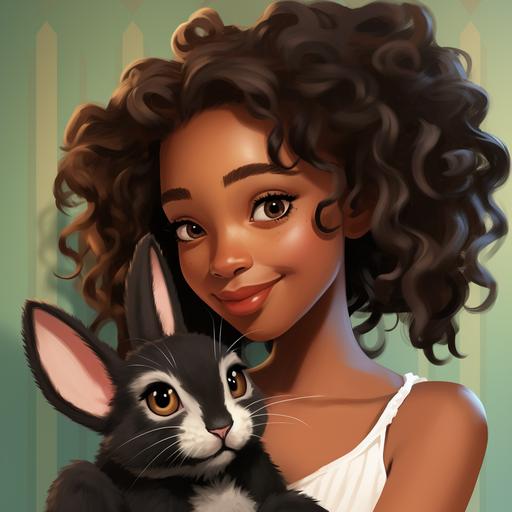 old Disney 2d cartoon style cute Hopper the Rabbit – funny and happy rabbit and her owner, Lily a beautiful black girl of 7