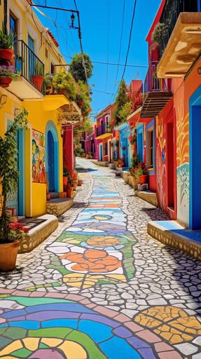 old Greek village, a child's sidewalk chalk drawing brings the cobblestone alley to life. Bright colors and Greek symbols, vibrant, low-angle shot --ar 9:16 --q 2