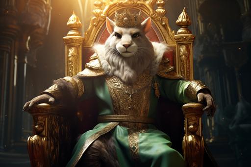 old Male Chipmunk king, humanoid in shape, sitting on a throne, wearing a golden crown and green silk robe, long braided hair, fantasy setting, ultra high detailed photograph, realistic picture, 4k --ar 3:2