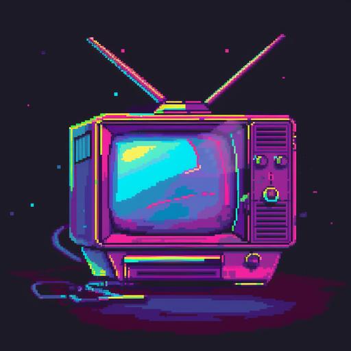 old TV with antennas in the style of 1989 SNES 16 bit Pixel art. Bright Neon colors