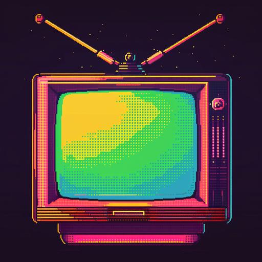 old TV with antennas in the style of 1989 SNES 16 bit Pixel art. Bright Neon colors