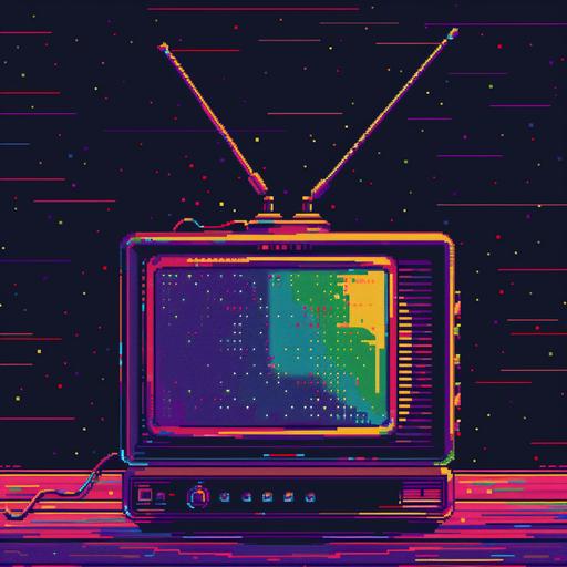 old TV with antennas in the style of 1989 SNES 16 bit Pixel art. Bright Neon colors, very pixelated