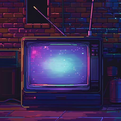 old TV with antennas in the style of 1989 SNES 16 bit Pixel art. Bright Neon colors, very pixelated