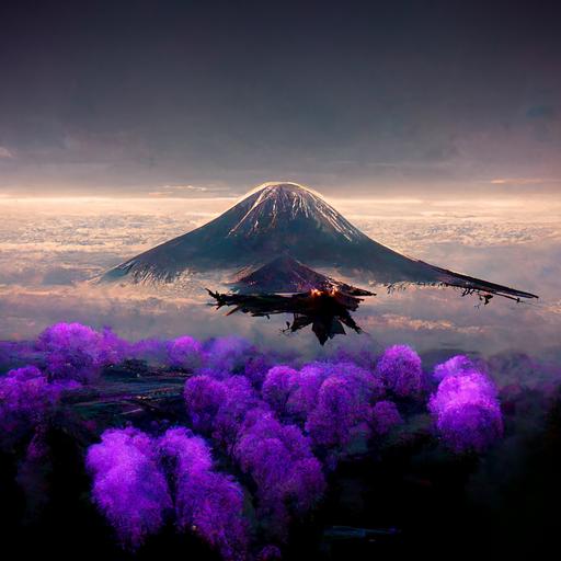 old and bald landscape architect guy flying with a Mitsubishi Zero fighter plane while throwing maple tree seeds to the ground, in the background mount fuji is erupting with purple smoke octane render  hyper realistic trending on artstation