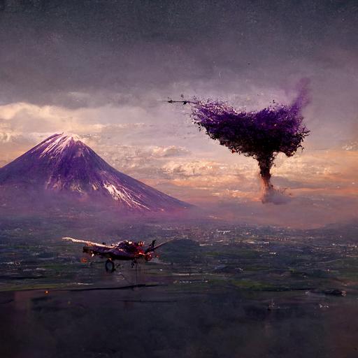 old and bald landscape architect guy flying with a Mitsubishi Zero fighter plane while throwing maple tree seeds to the ground, in the background mount fuji is erupting with purple smoke octane render  hyper realistic trending on artstation