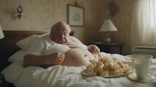 old and ugly fat guy, eating mayonnaise, on the bed, with a fork, realistic 4k --ar 16:9