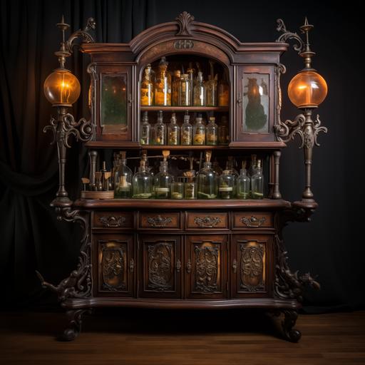 old antique victorian cabinet, shelves full of reagent jars and tubes with magic scrolls, side view