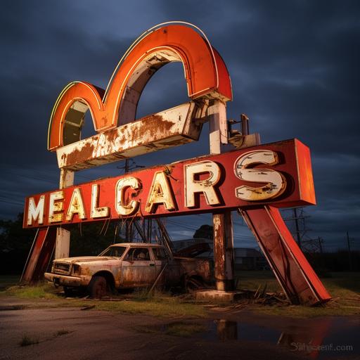 old beat down Americana neon sign of McDonald’s rusted and broken