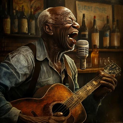 old black man playing guitar in bar realistic image singing with old fashion microphone drinking brown liquor