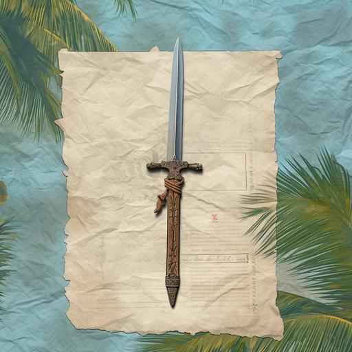 old blank paper pinned to a palm tree with a dagger.color zoom realism