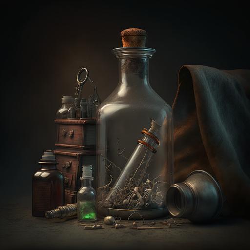 old bottle and vials of cyanide in a steampunk apothecary, chemistry equipment, labaratory experiments, toxic gas, gas mask, misty, dark atmosphere, beautifully lit, hidden objects, 8k, hyperdetailed, tim burton, gregory crewdson --v 4 --q 2 --c 5