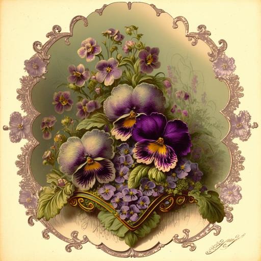 old card from the 1860's , faded violets and purple pansies , delicate bunches , ornate scalloped edge ,complex, intricate, insane detail, , up light , inner glow --v 4 --q 2 --v 4