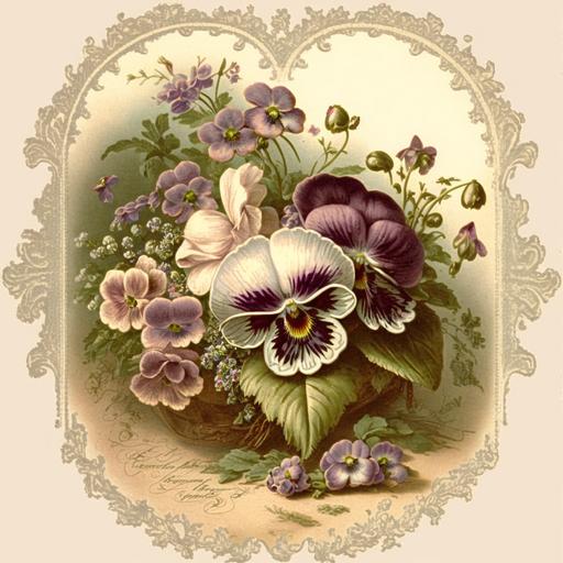 old card from the 1860's , faded violets and purple pansies , delicate bunches , ornate scalloped edge ,complex, intricate, insane detail, , up light , inner glow --v 4 --q 2 --v 4
