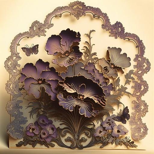 old card from the 1860's ,paper cut art , faded violets and purple pansies, pop up , delicate bunches , ornate scalloped edge ,complex, intricate, insane detail, , up light , inner glow --v 4 --q 2 --v 4