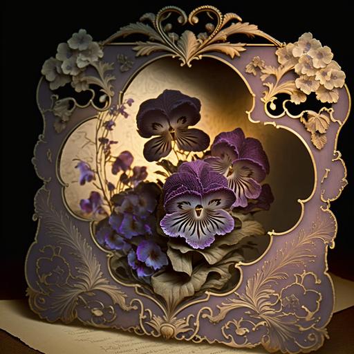 old card from the 1860's ,paper cut art , faded violets and purple pansies, pop up , delicate bunches , ornate scalloped edge ,complex, intricate, insane detail, , up light , inner glow --v 4 --q 2 --v 4