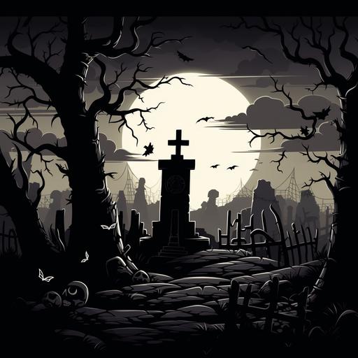 old cartoon gravestone in graveyard, dusk, Skeleton climbing out of grave, black and white