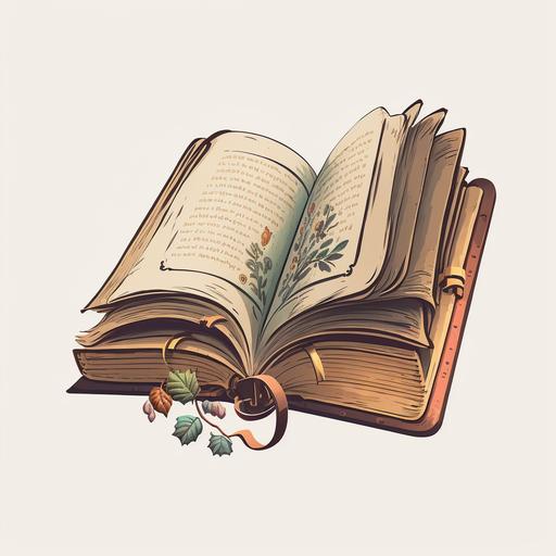 old cartoon style open book, muted earthy colours, white background