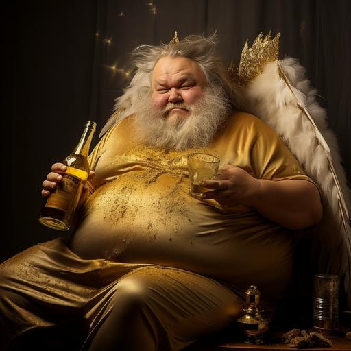 old chubby dwarf in a golden angel costume and very drunk