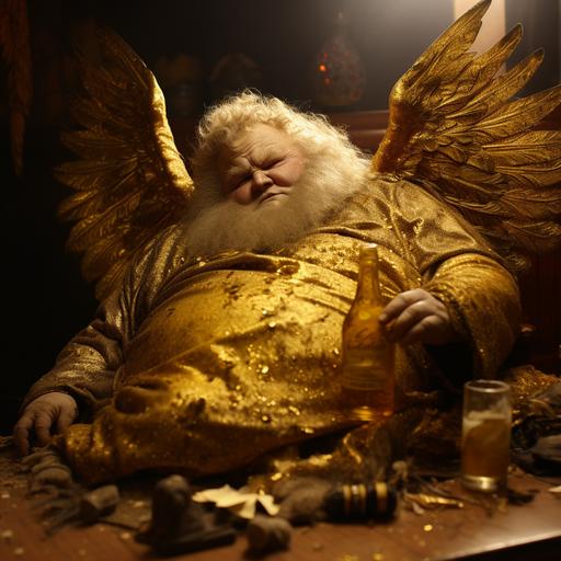 old chubby dwarf in a golden angel costume and very drunk