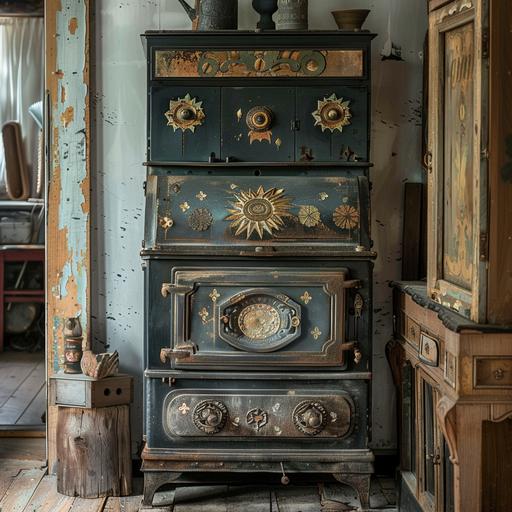 old decorated wood stove , photography