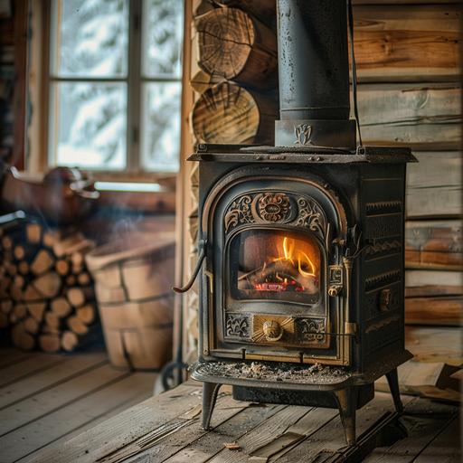 old decorative wood stove with fire seen , photography