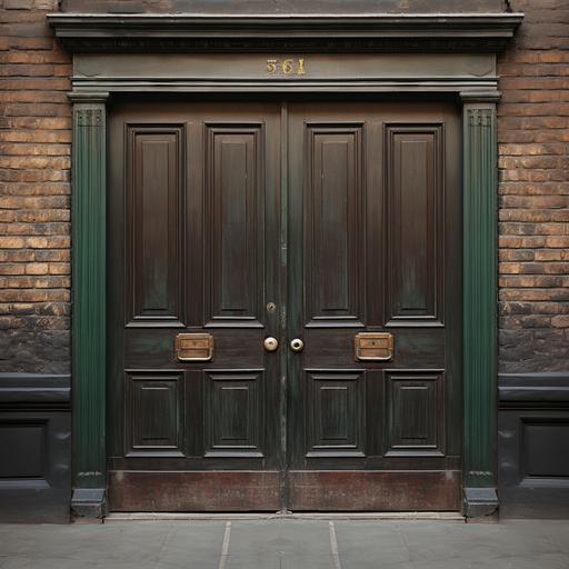 old exterior simple Victorian double doors with dark green black gray weathered wood trim, texture, --upbeta --s 250