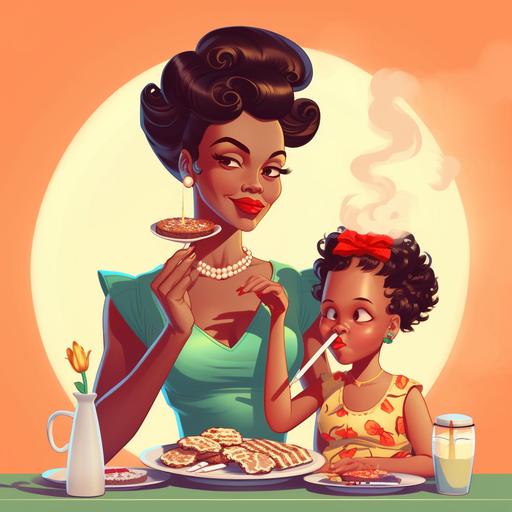 old fashioned 60s cartoon baking black woman mother smoking with cigarette. pin up girl style with child , page in children’s book