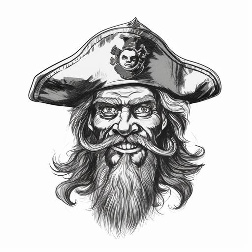 old fashioned male pirate portrait wearing tricorner hat black and white in style of pirates of the caribbean jolly roger cartoon on white background