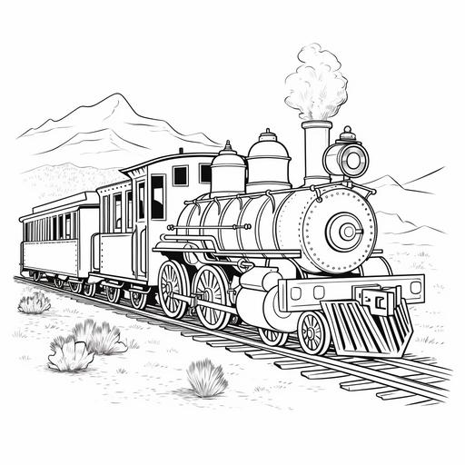 old fashioned steam train with carrages travelling in the wild west, side on shot, simple outline and shapes, coloring page black and white flat vector, white background, no shading