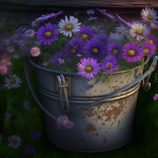 old galvanized milk bucket with holes and rust , full of violet colored wild flowers , daisys , lobelia , delicate , intricate , HD , octane render , beautiful --v 4 --q 2 --v 4