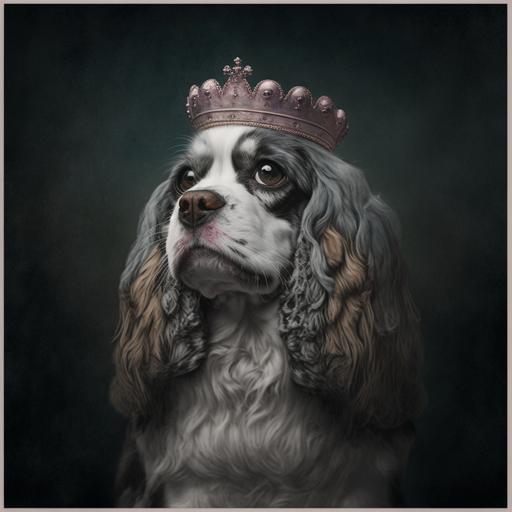 old grey king charles with a plastic crown::