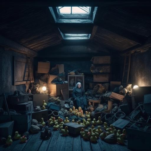 old haunted and deserted attic with a windown, filled with covered mannequins, boxes and trendy rubber duck, dark colors, night time, 8k --v 5.1
