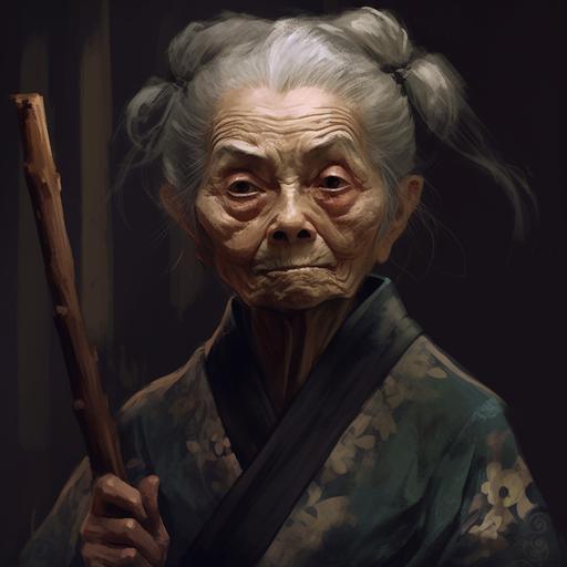 old japanese granny. Creepy style, character emerging from darkness. Rough oil painting, semi-realistic style. Character for card game. Full body.