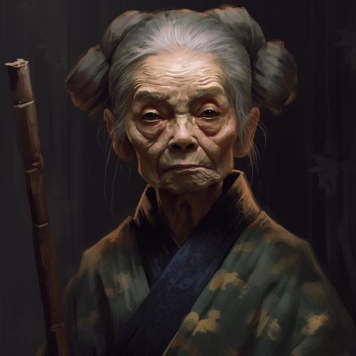 old japanese granny. Creepy style, character emerging from darkness. Rough oil painting, semi-realistic style. Character for card game. Full body.
