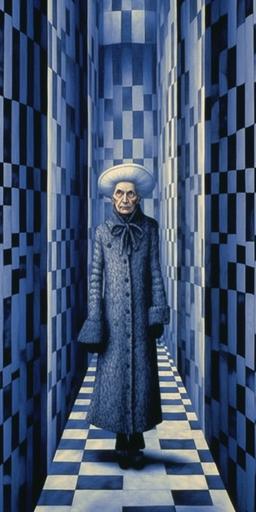 old lady dresses like a man and solves crime, moire pattern, artwork by Junji Ito and Naoto Hattori, Stanley Donwood, Tim Burton, Alfred Hitchcock, David McKee, graphic pattern, dramatic --ar 1:2 --c 54 --v 5.1 --v 5