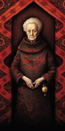 old lady dresses like a man and solves crime, moire pattern, artwork by Junji Ito and Naoto Hattori, Stanley Donwood, Tim Burton, Alfred Hitchcock, David McKee, graphic pattern, dramatic --ar 1:2 --c 54 --v 5.1 --v 5