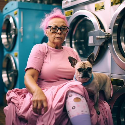 old lady wearing large glasses, with short hair, sitting, knitting in a laundry shop of stacked stainless steel material washing machines accompanied by her dog, realistic photo, blue and pink colors