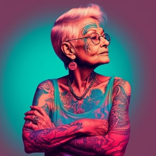 old lady with tattoos on arms and neck, vaporwave, collage, vivd colors, clean flat backgrounds --v 5