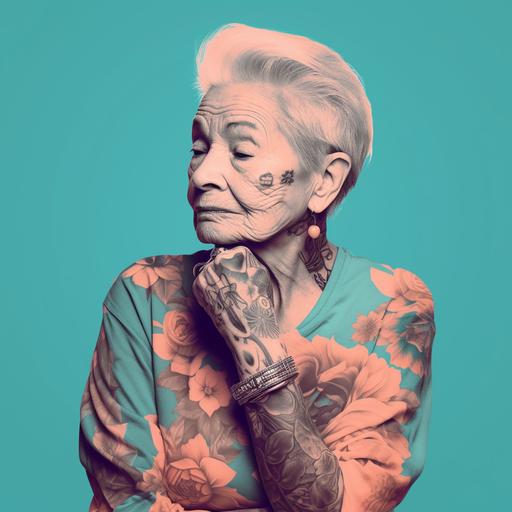 old lady with tattoos on arms and neck, vaporwave, collage, vivd colors, clean flat backgrounds --v 5