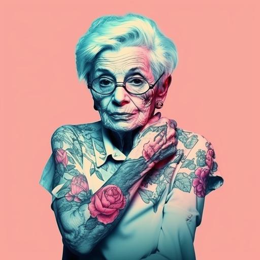 old lady with tattoos on arms and neck, vaporwave, collage, vivd colors, clean flat backgrounds --v 5